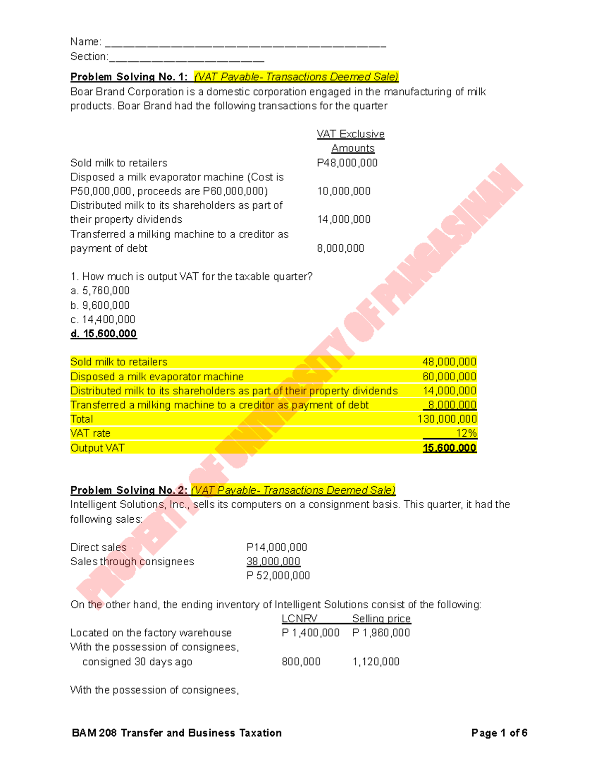 Problem Solving No. 1-7: VAT Transactions & Output VAT Calculations ...