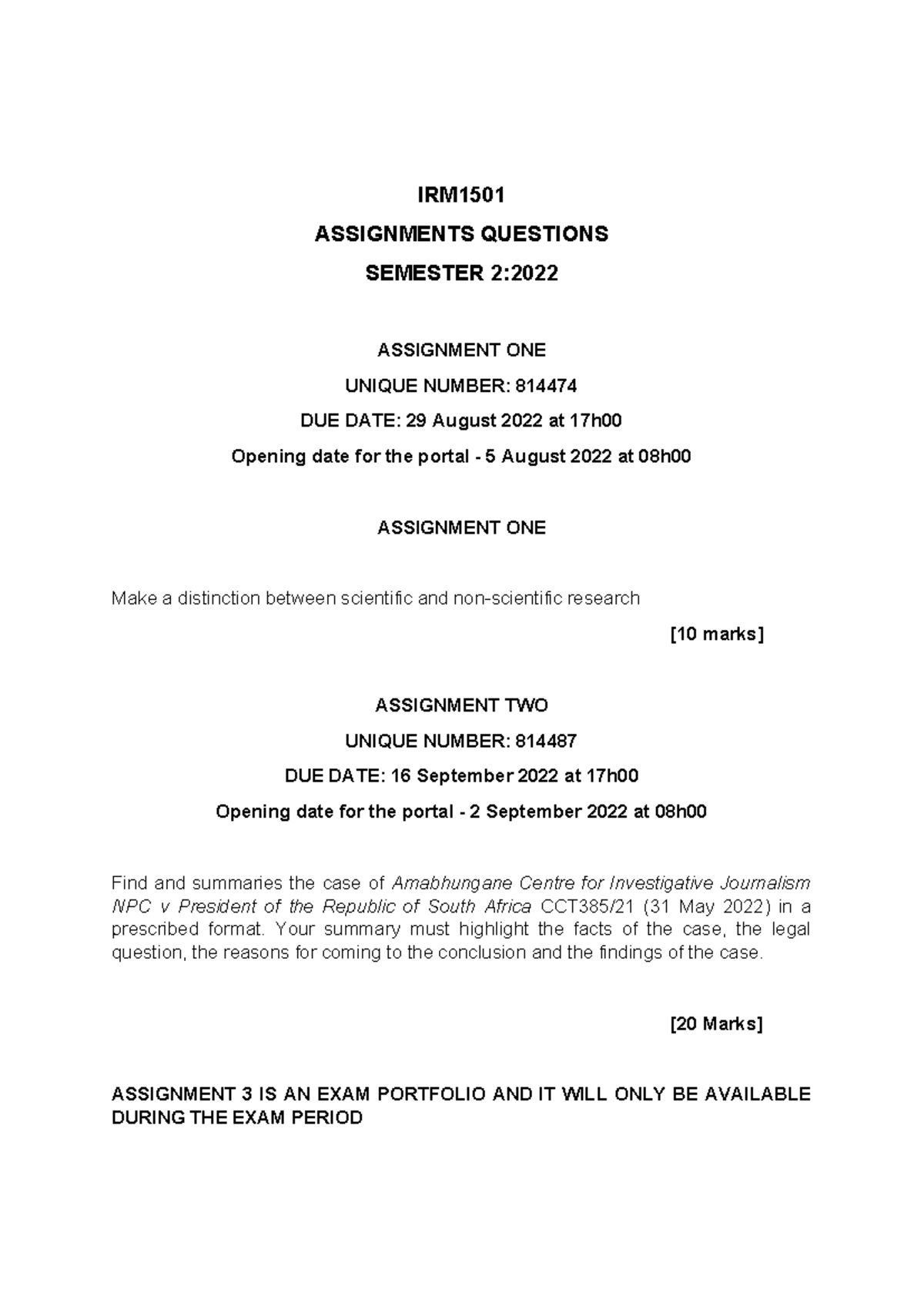 Assignment questions semester 2 2022 - IRM ASSIGNMENTS QUESTIONS ...