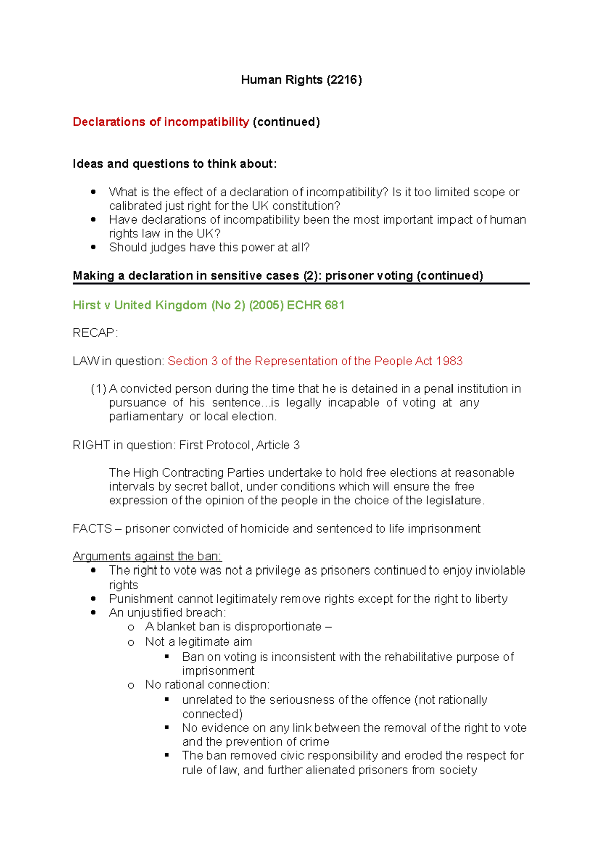 Human Rights- Declarations of Incompatibility Part 2 - Human Rights ...