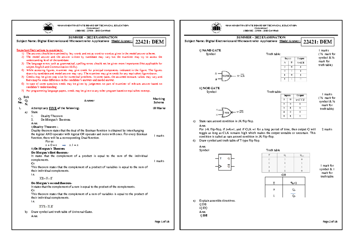 Digital Electronics & Microcontroller Applications Model Answers (22421 ...