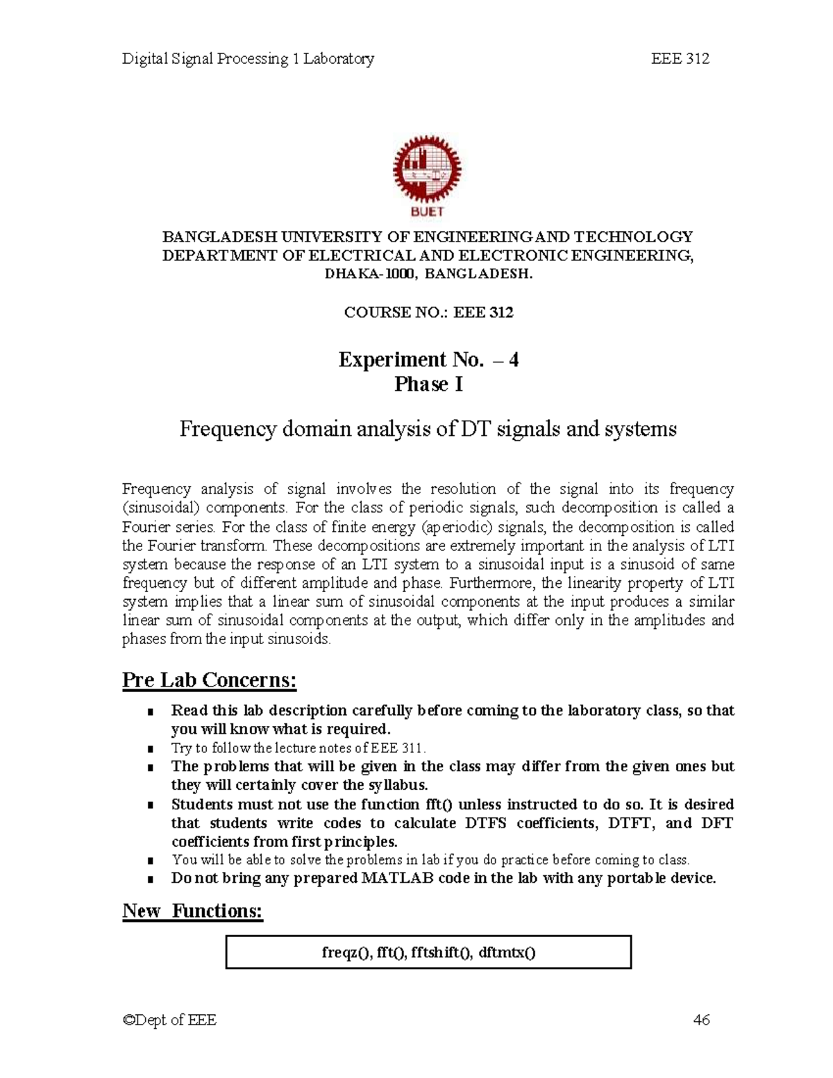 Digital Signal Processing 1 Lab 312: Exp 04 - Phase I Frequency Domain ...