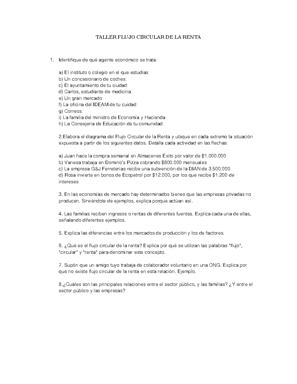 Taller Flujo Circular de la Renta - Análisis y Ejercicios - Studocu