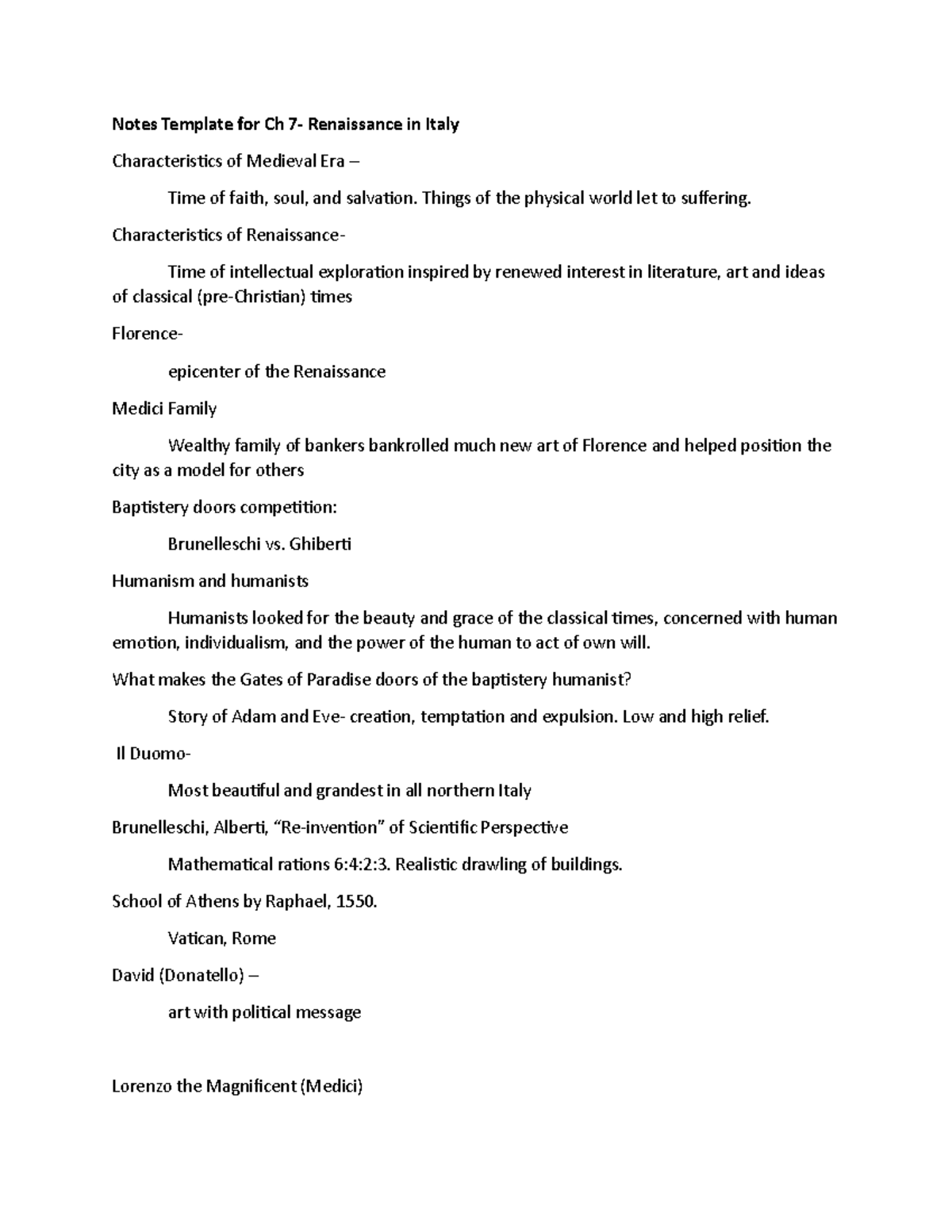 Ch 7 notes completed - Notes Template for Ch Renaissance in Italy ...