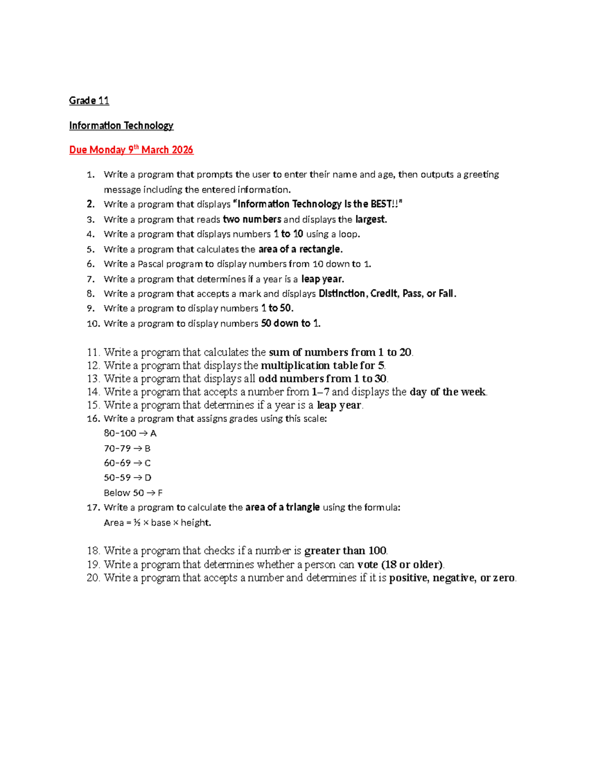Grade 11 IT Pascal Programming Activity - Due Mar 9, 2026 - Studocu