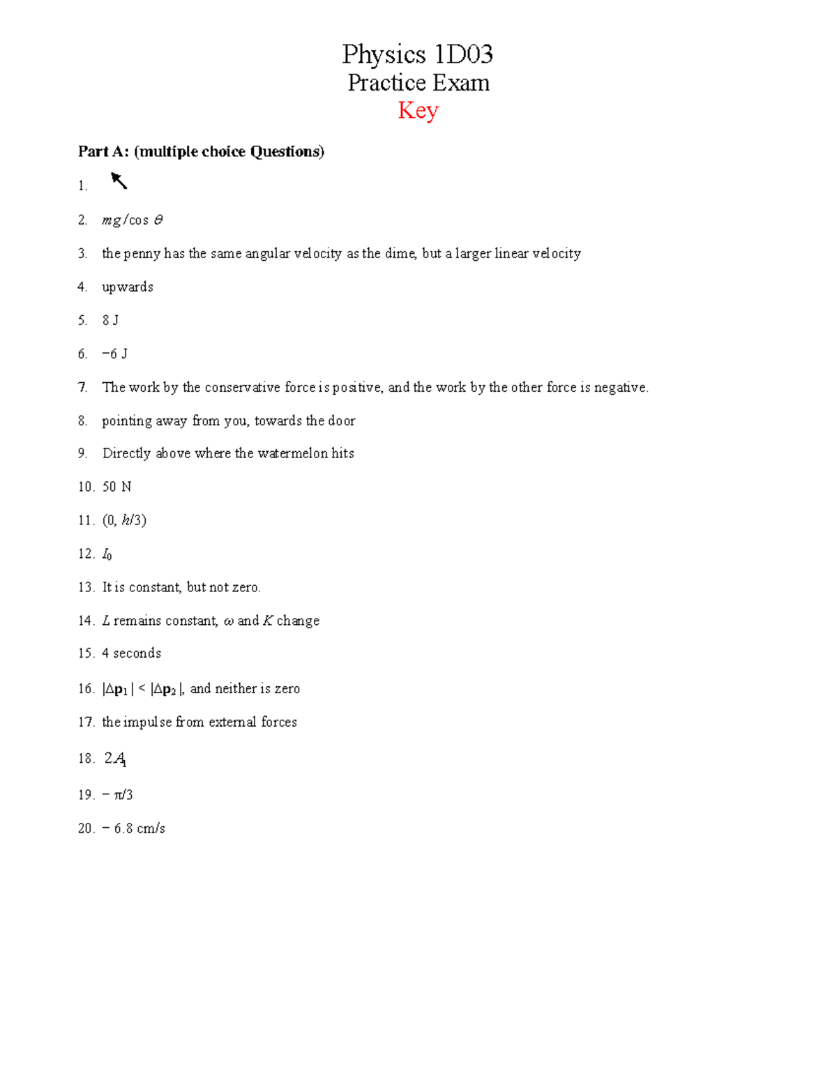Physics 1D03 Practice Final Exam 2020 Answers & Key - Studocu