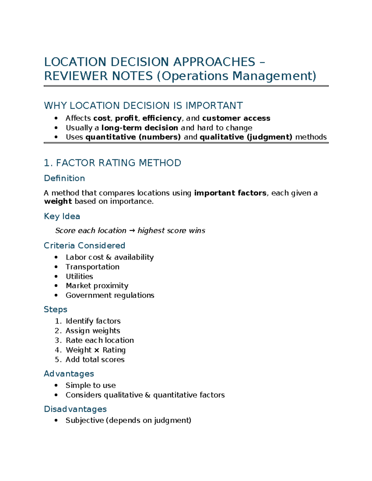 Location Decision Approaches (OM) – Reviewer Notes for Exams - Studocu