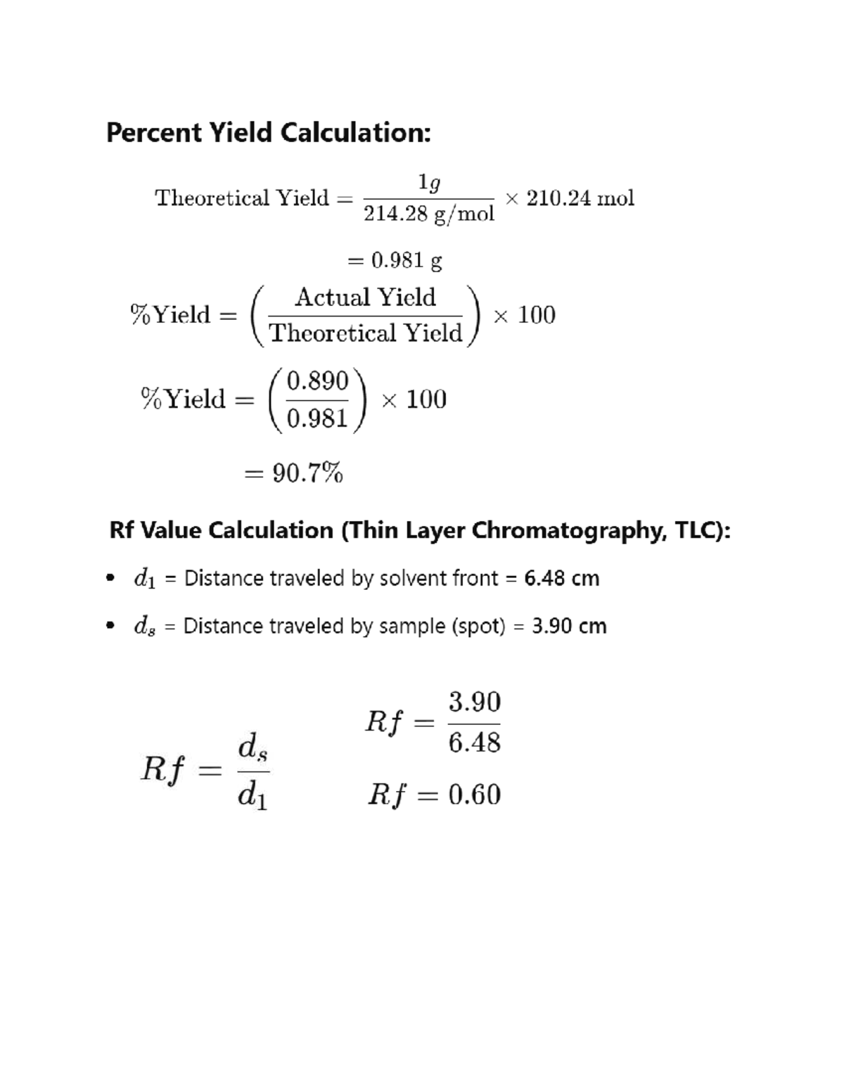 Calculations Lab 1: Percent Yield & Rf Value Analysis - Studocu