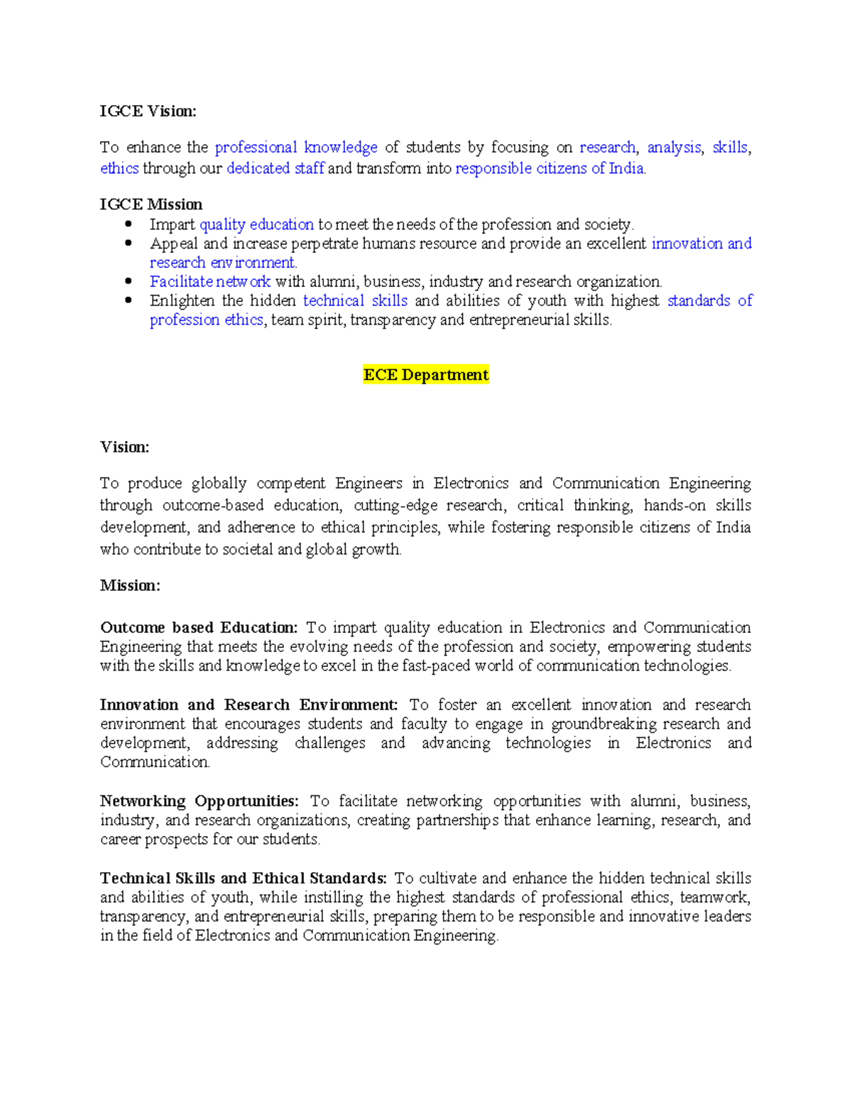 IGCE ECE Department Vision & Mission Overview - Studocu