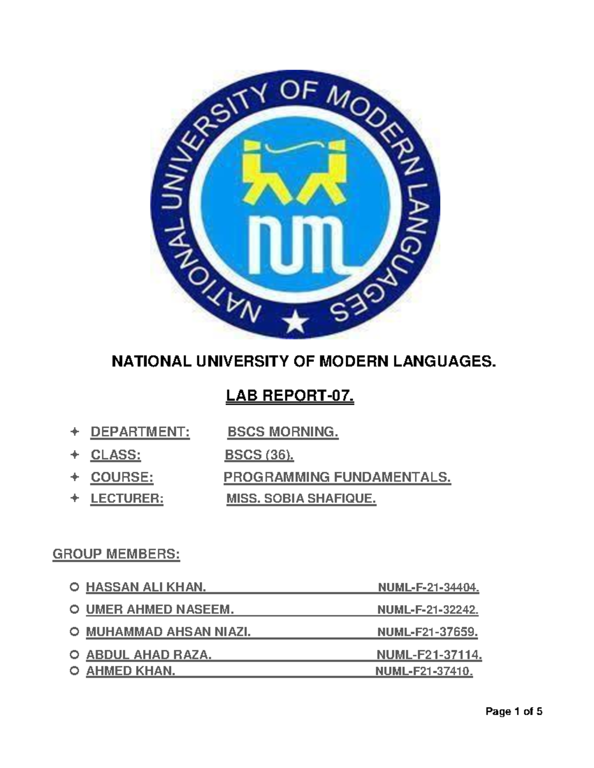 PROGRAMMING FUNDAMENTAL Lab report-7 - NATIONAL UNIVERSITY OF MODERN ...