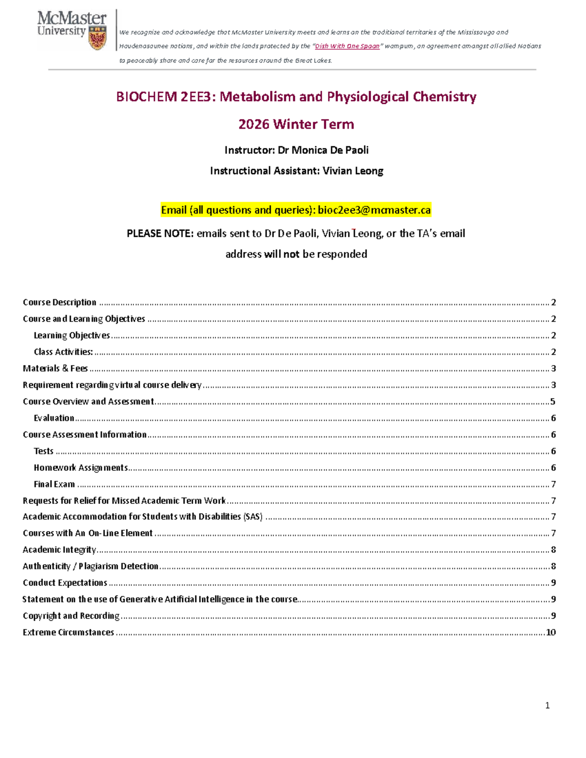 Biochem 2EE3 Winter 2026 Course Syllabus & Final Exam Guide - Studocu
