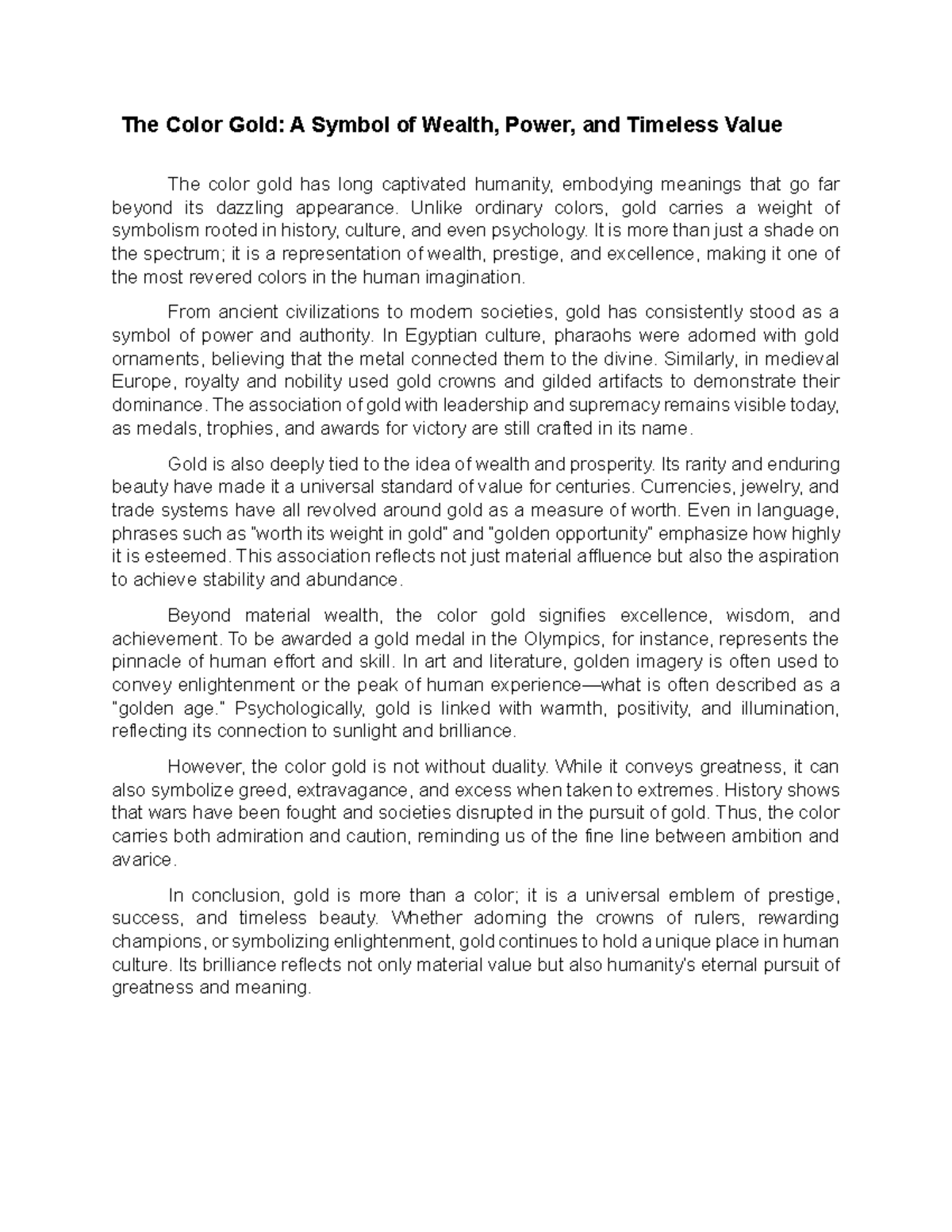 The Color Gold: A Short Essay on Wealth & Power - Studocu