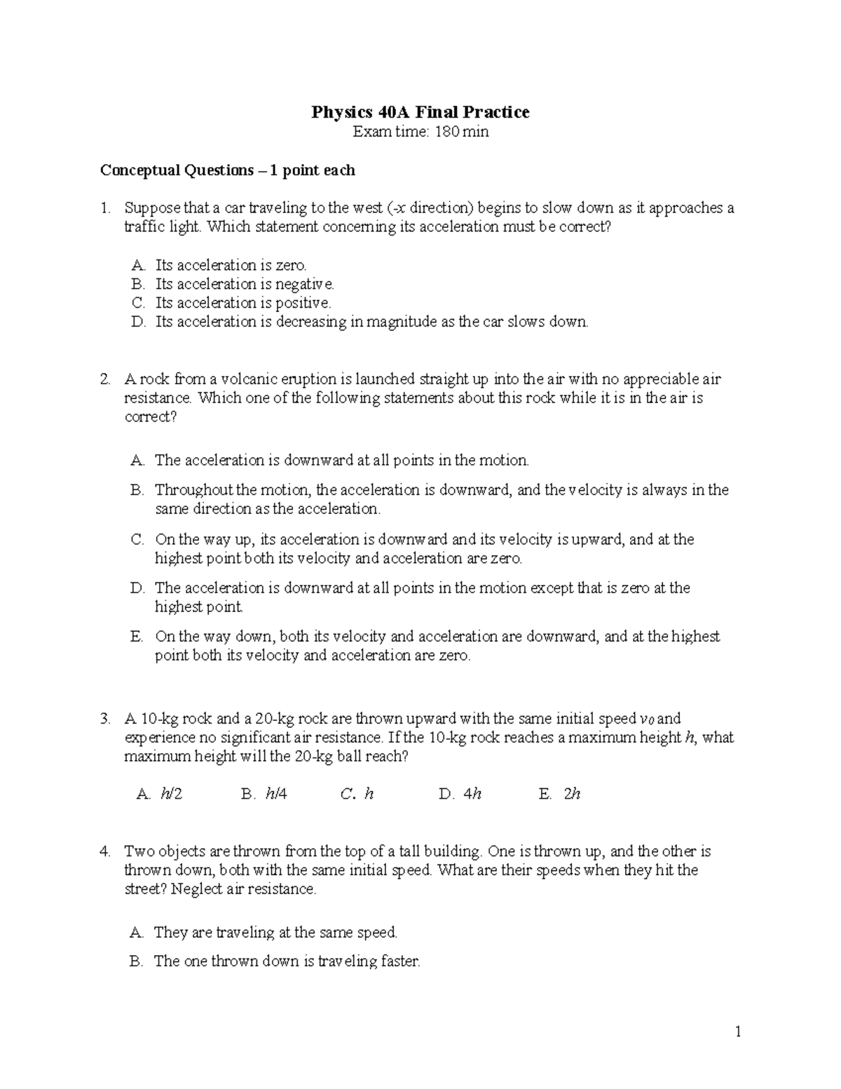 Physics 40A Final Exam Practice Questions and Solutions - Studocu