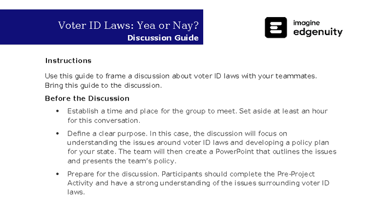 Project-Voter IDs: Discussion Guide for Team Policy Planning - Studocu