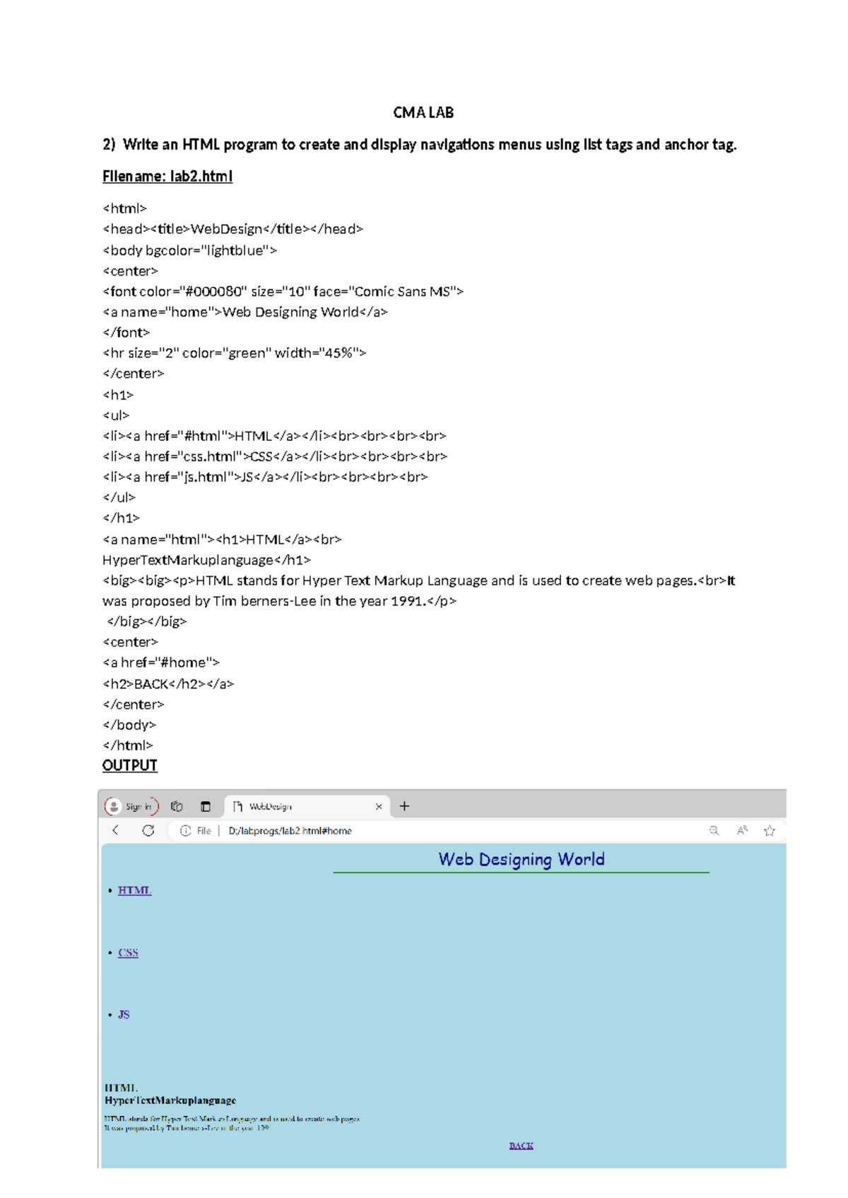 Lab2 - dadfa - CMA LAB Write an HTML program to create and display ...
