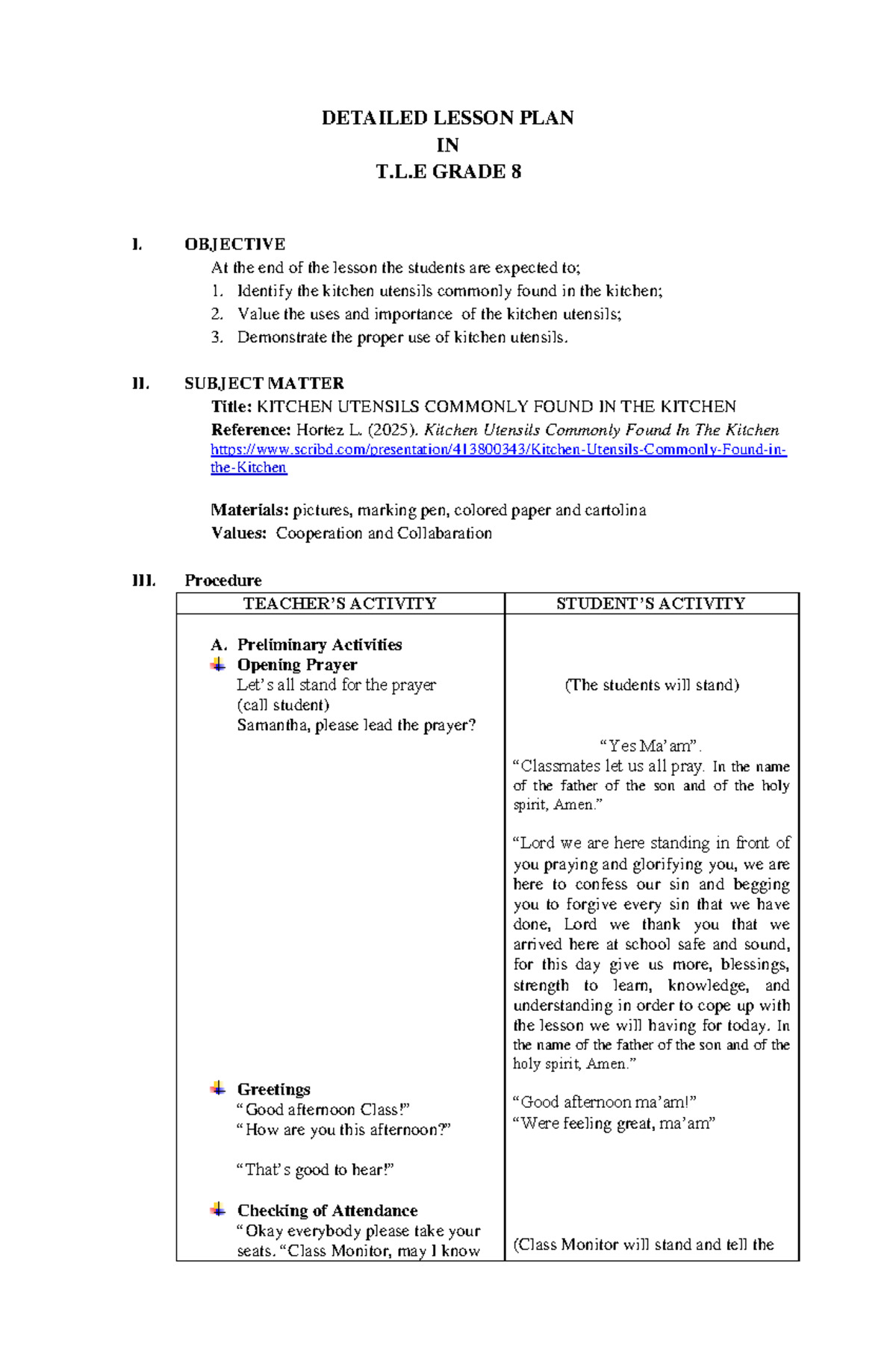 Detailed Lesson Plan on Kitchen Utensils for G8 TLE - Studocu