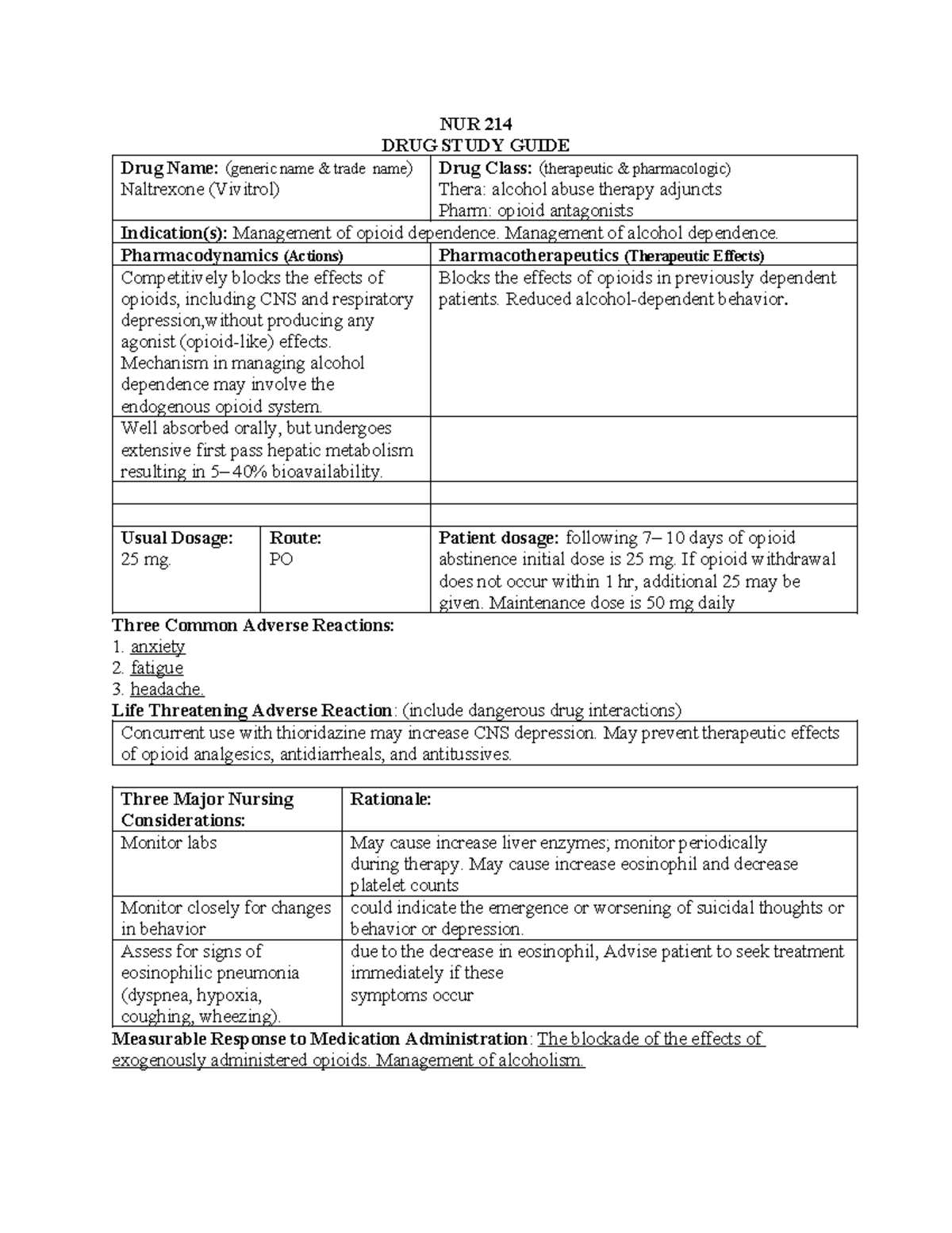 NUR 214 Drug Study Guide: Naltrexone (Vivitrol) Overview and Details -  Studocu