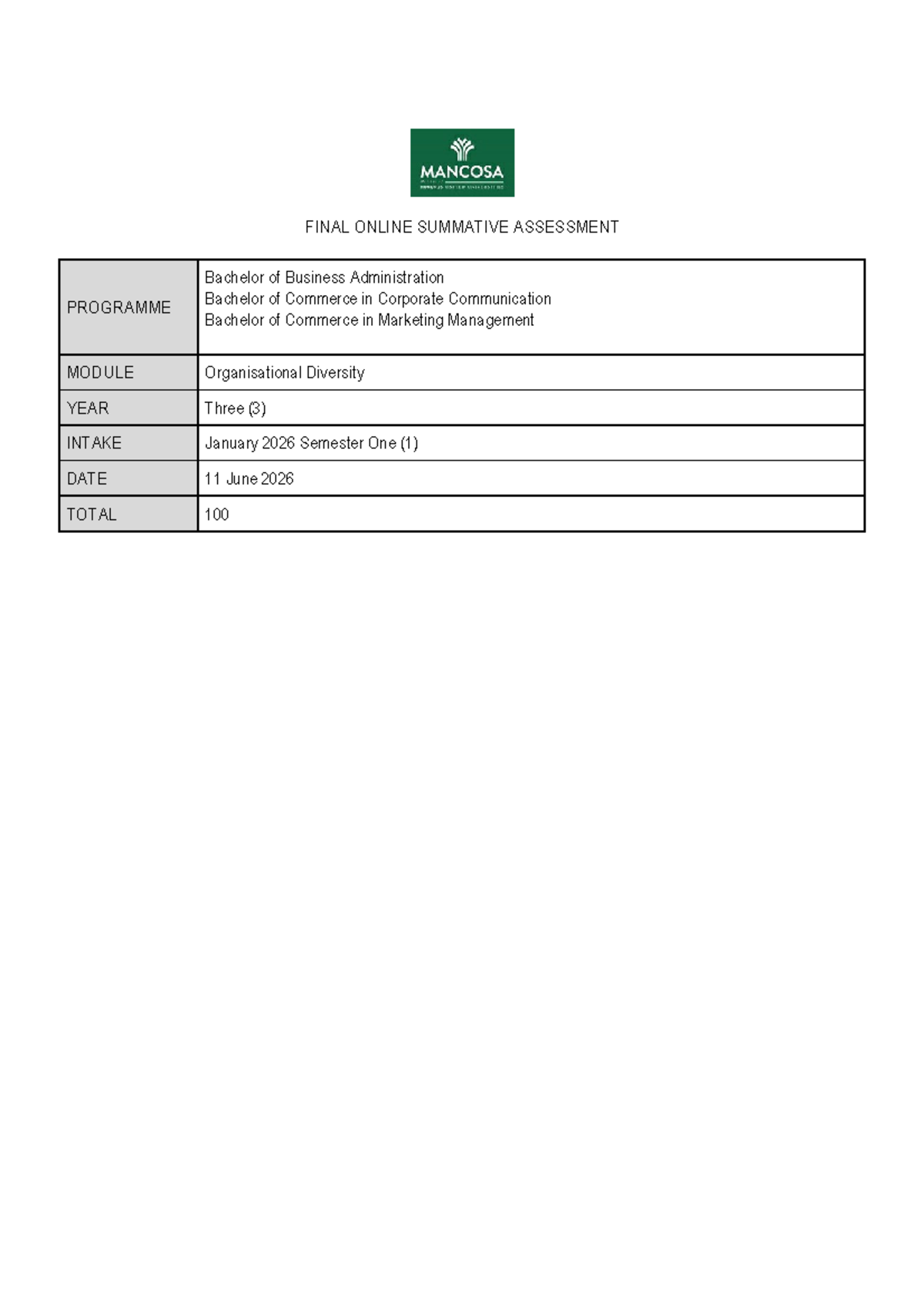 BBA 3rd Year OSA: Case Study on Organisational Diversity at Mosaic ...