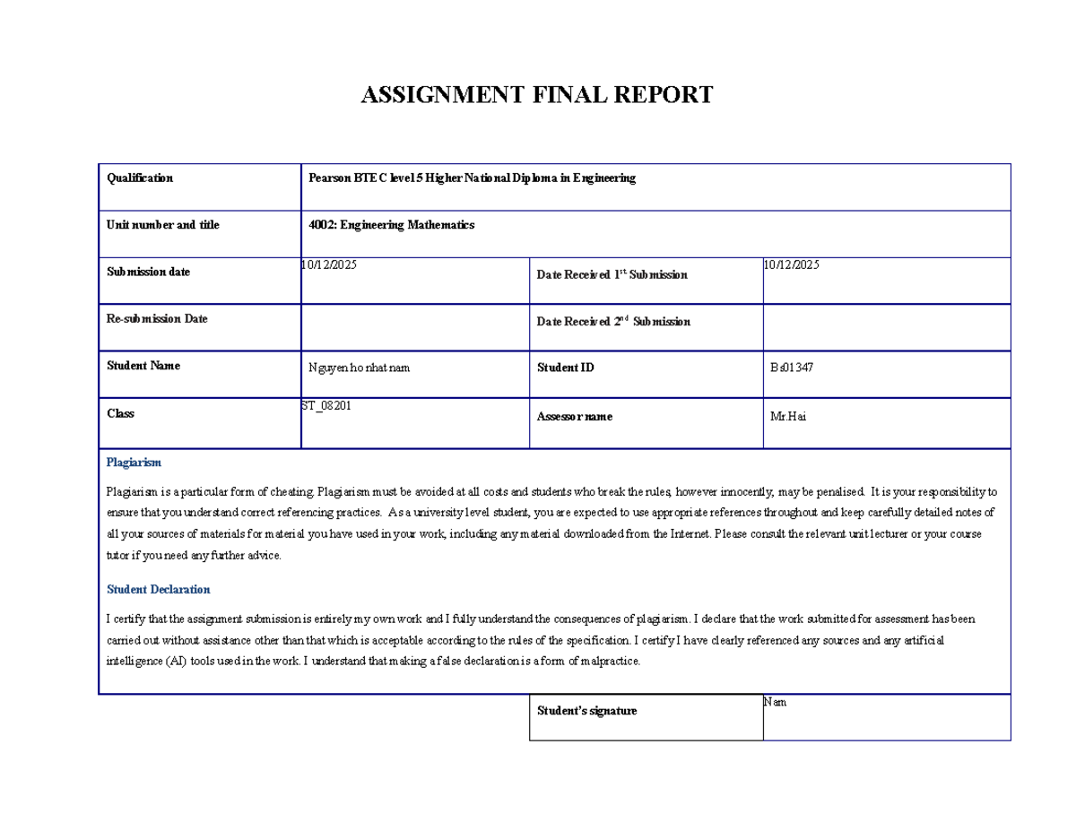Final Report: Engineering Mathematics (Unit 4002) - BTEC Level 5 - Studocu