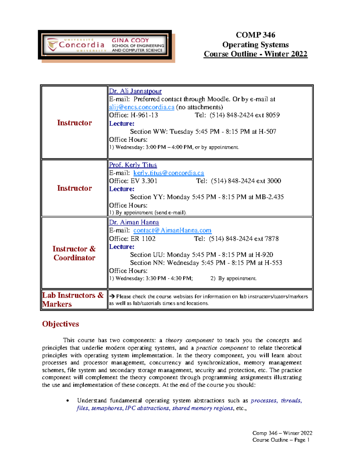 COMP 346 - Operating Systems Course Outline & Lectures Winter 2022 ...