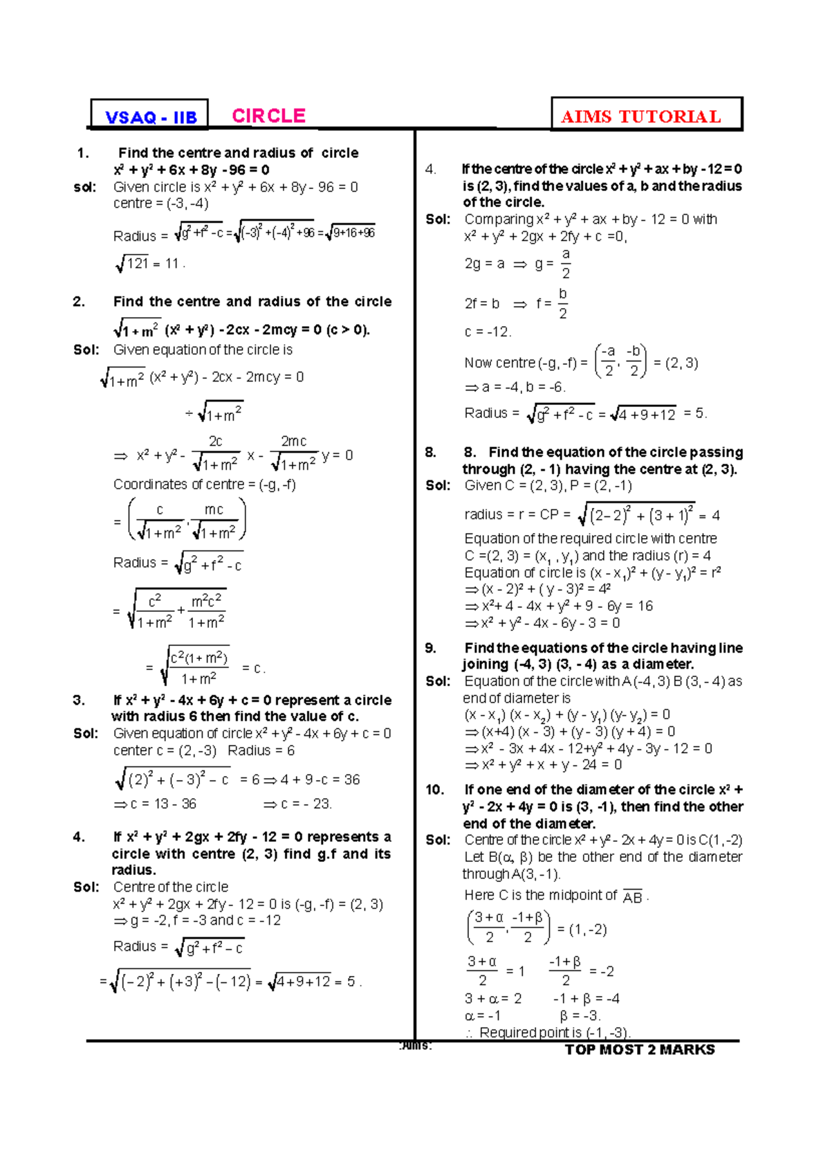 Mathematics 2B VSAQ: Circle and Differential Equations Solutions - Studocu