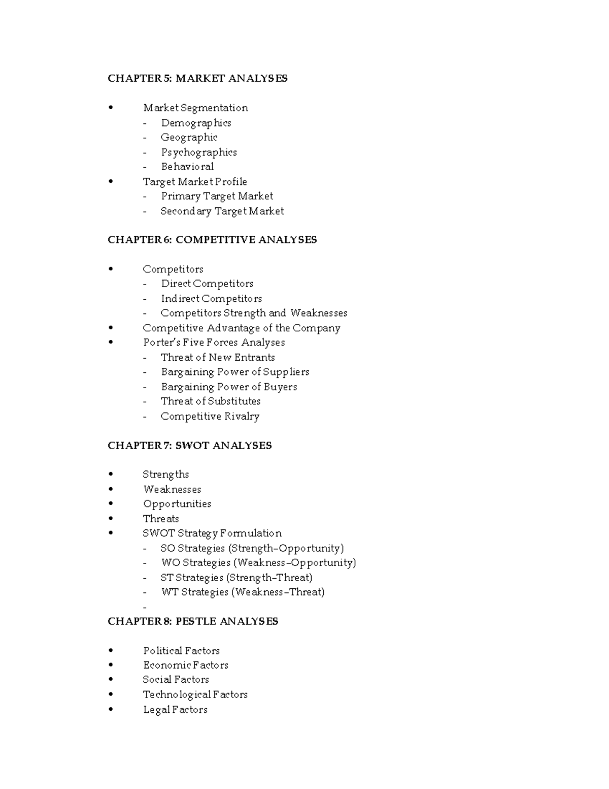 Business Plan Chapters 5-11: Market & Competitive Analyses - Studocu