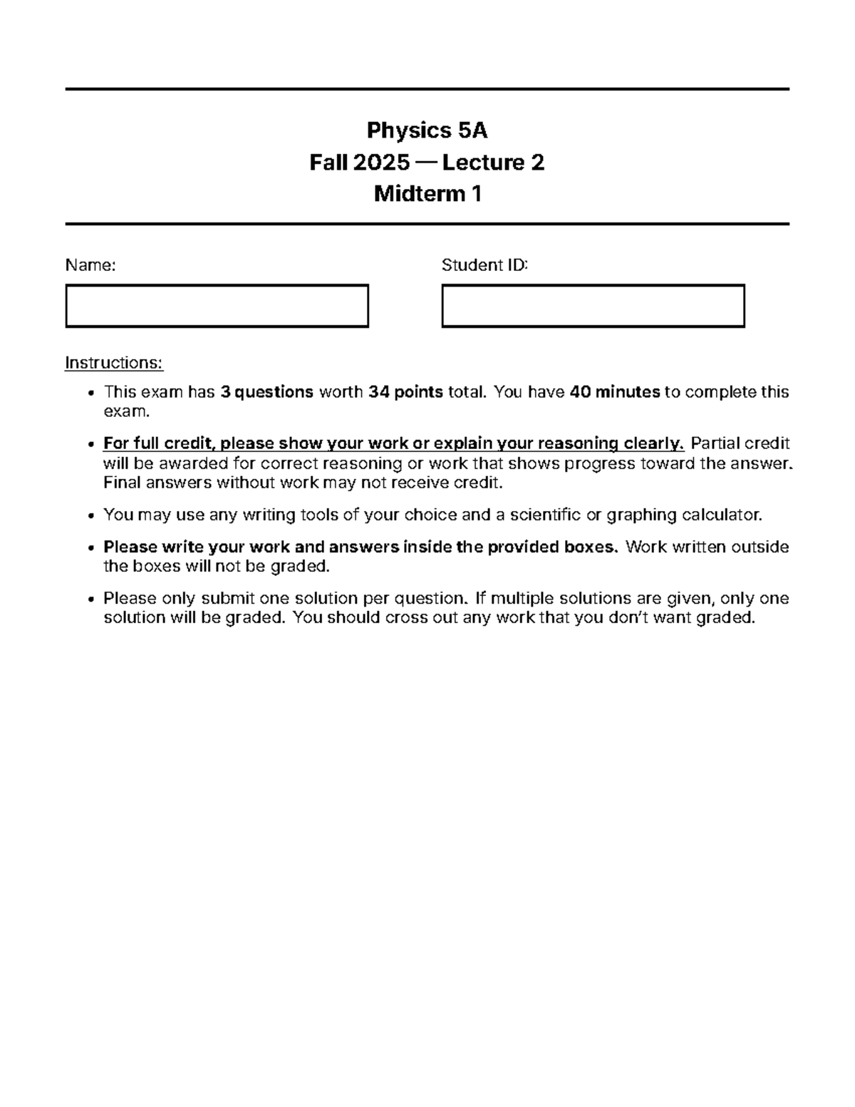 Physics 5A Fall 2025 Midterm 1 Practice Test C - Studocu