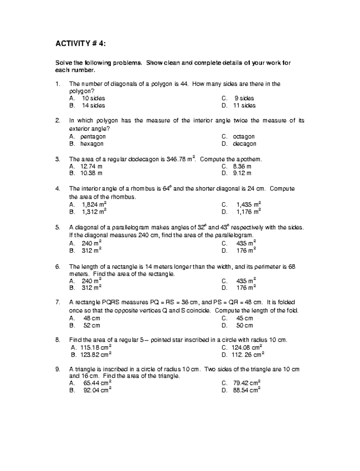 Activity #4: Geometry Problems and Solutions - Studocu