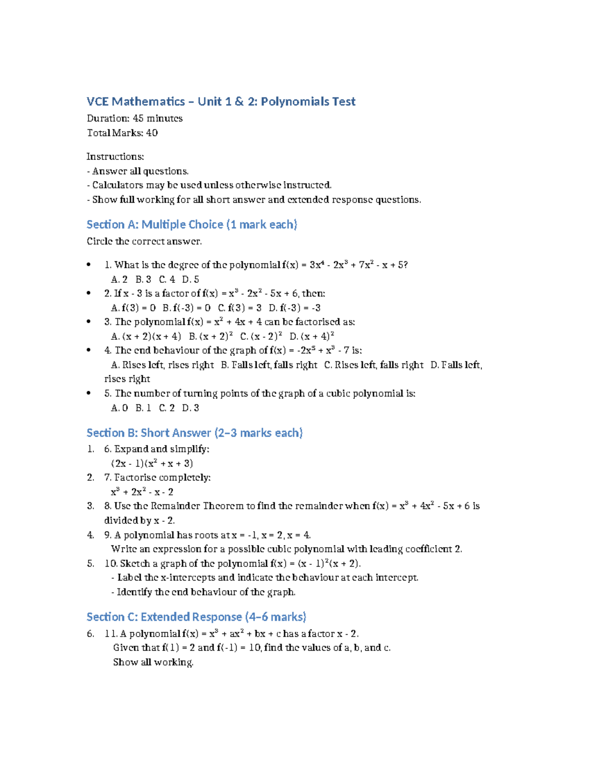 VCE Mathematics Unit 1 2: Polynomials Test Practice Guide - Studocu