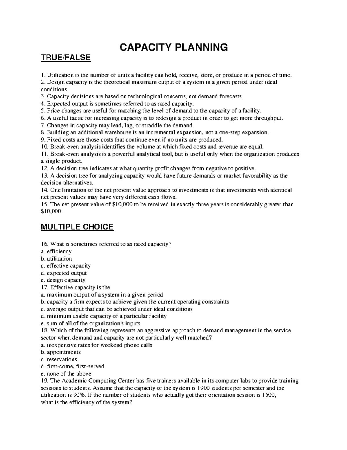 Operations Management MMO3781 Capacity Planning Quiz Questions - Studocu