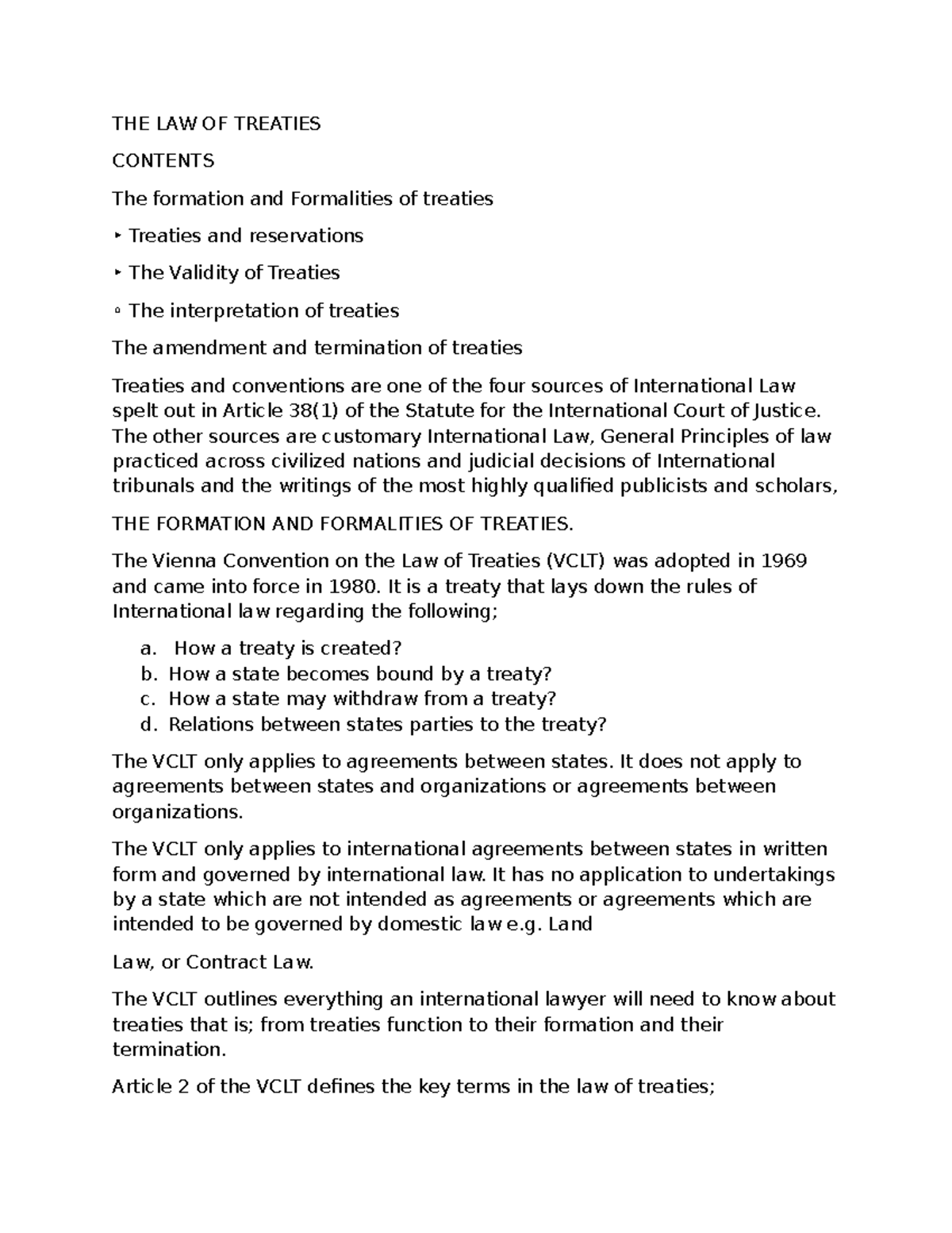 International Law of Treaties Notes - Sale of Goods (LAW 401) - Studocu