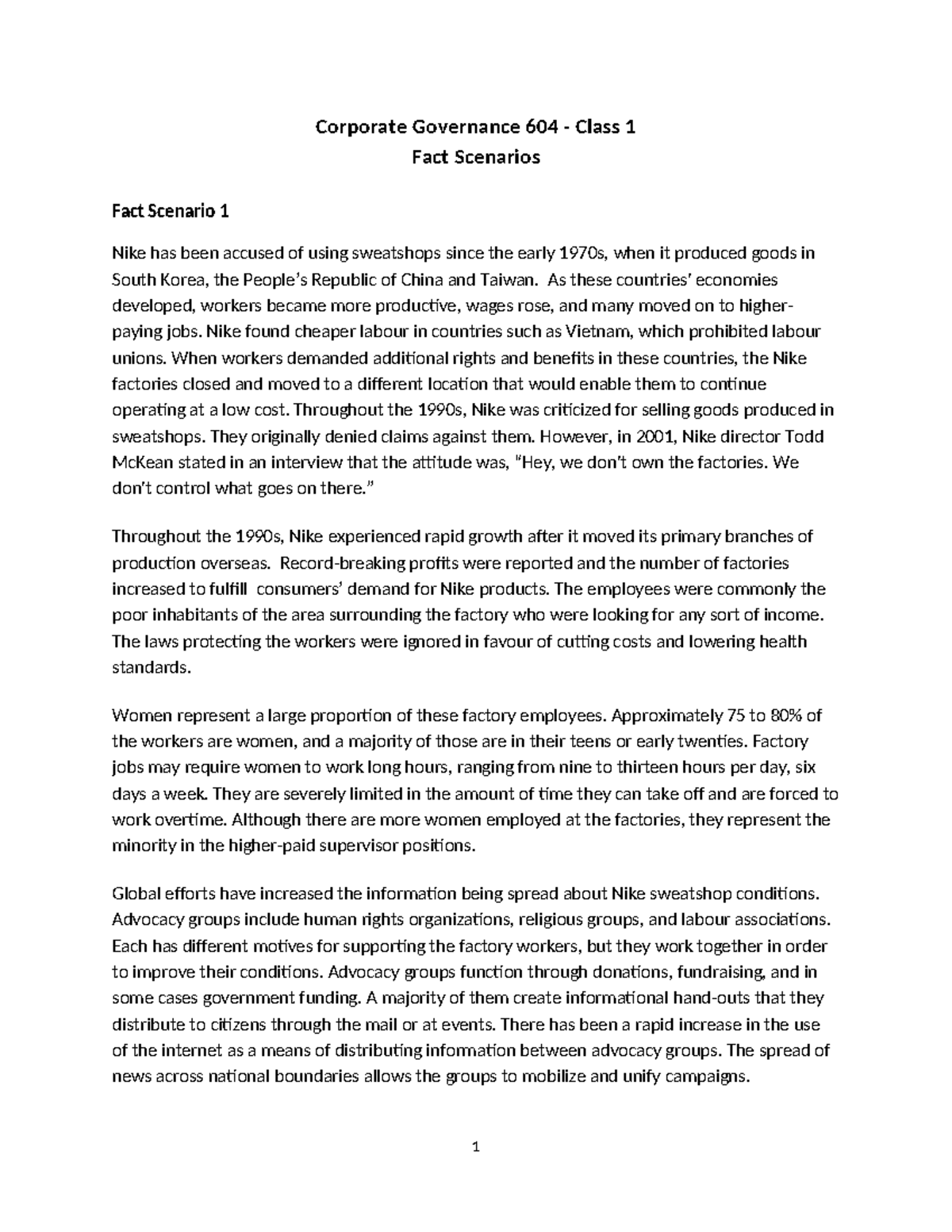 Law 604 Class 1 Fact Scenarios: Nike Sweatshops & BCE Inc. Case Study ...