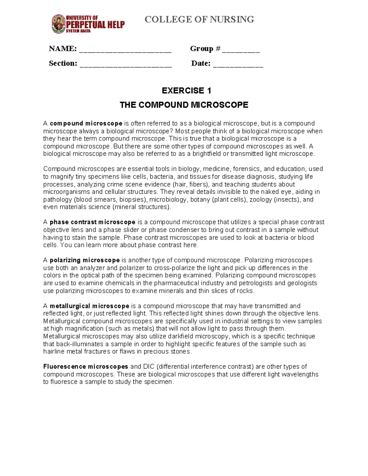 COLLEGE OF NURSING: Exercise 1 - The Compound Microscope Overview - Studocu