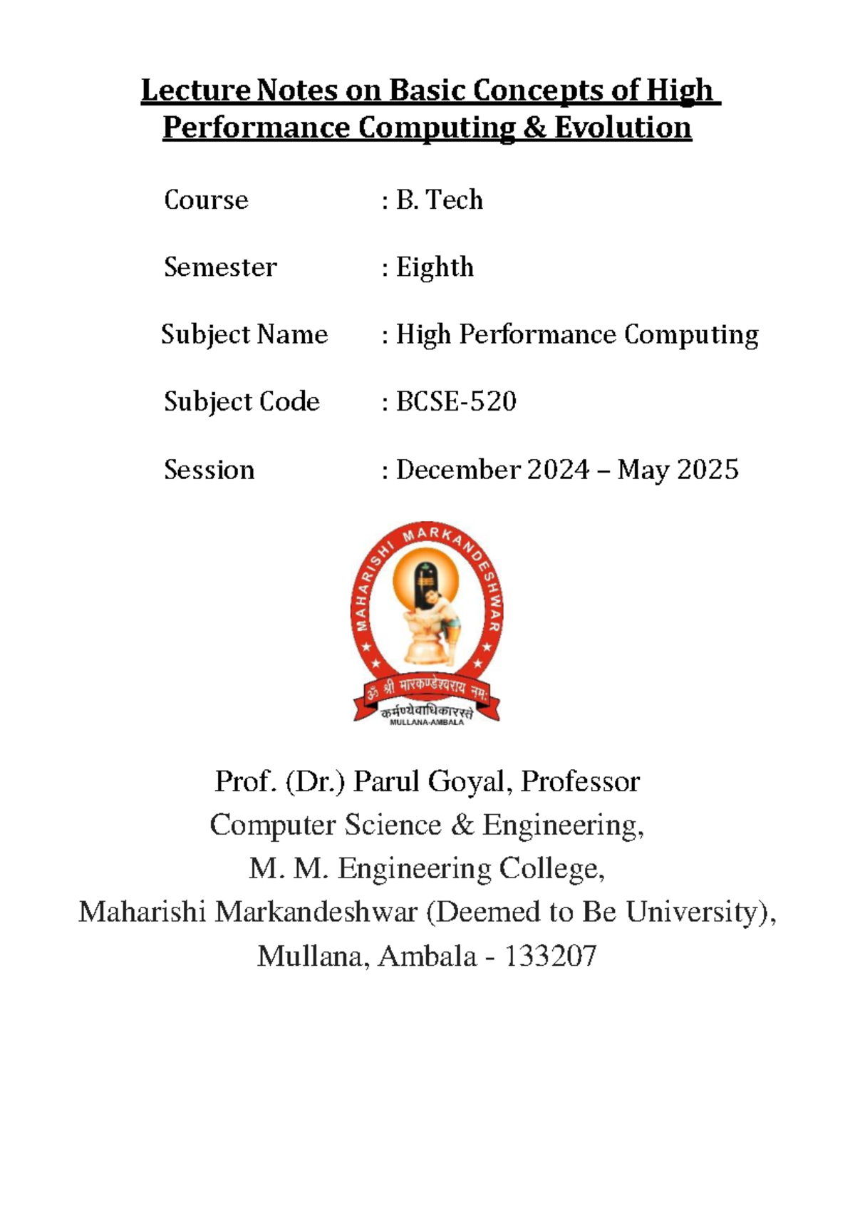 001. Lecture Notes on Basic Concepts of High Performance Computing ...