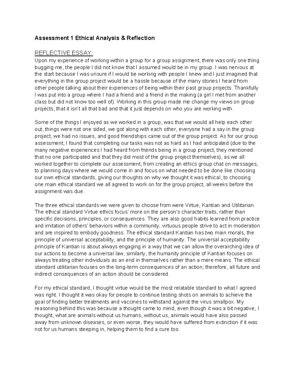 REFLECTIVE ESSAY: Ethical Analysis of Group Project Experience (ETH101 ...