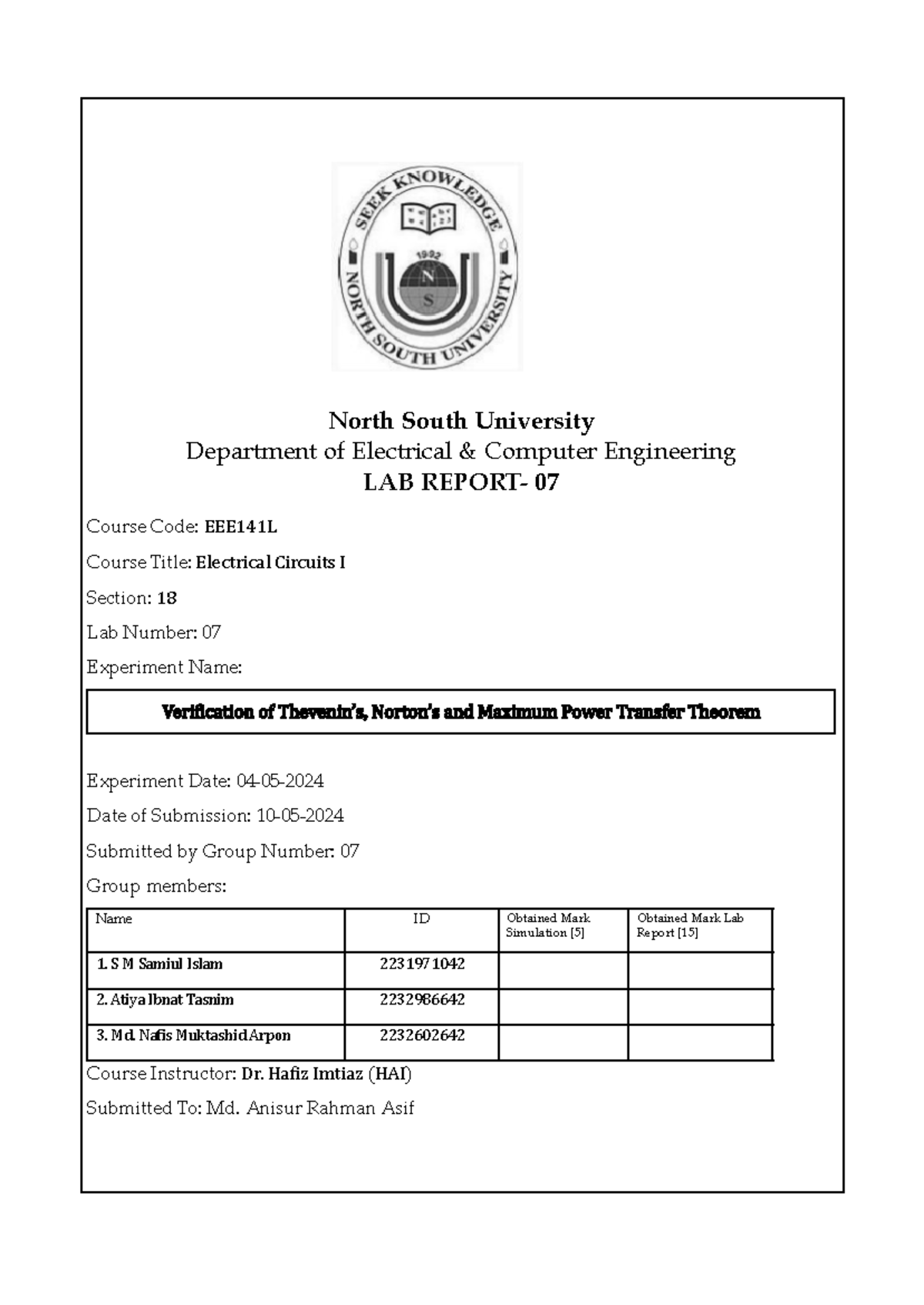 Lab Report 07: Verification of Thevenin, Norton, and Power Theorems ...
