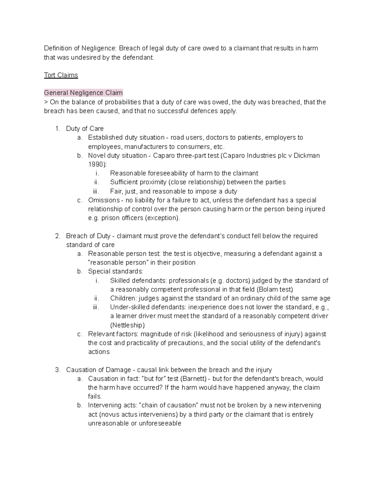 Tort Law Revision Notes: Key Concepts and Negligence Claims - Studocu