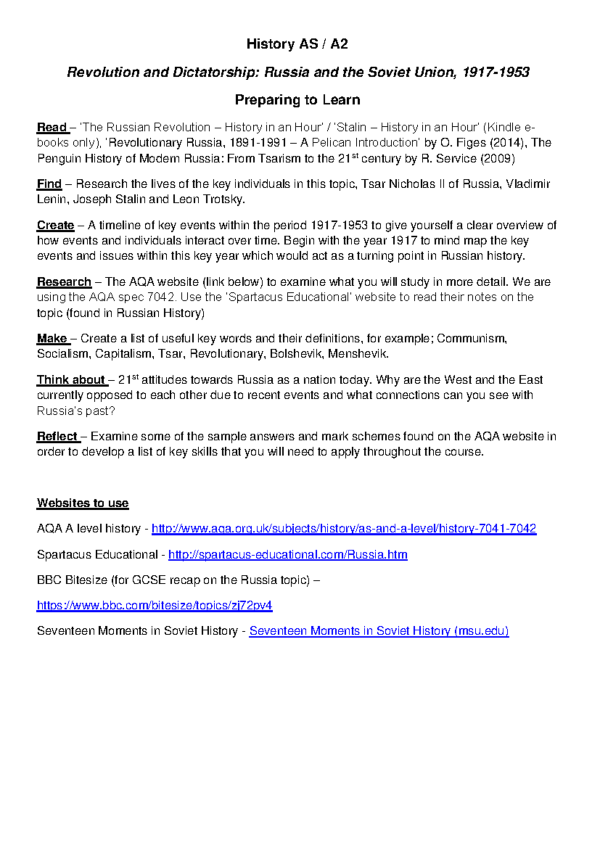 History A2 Transition Work 2022: Revolution & Dictatorship in Russia ...
