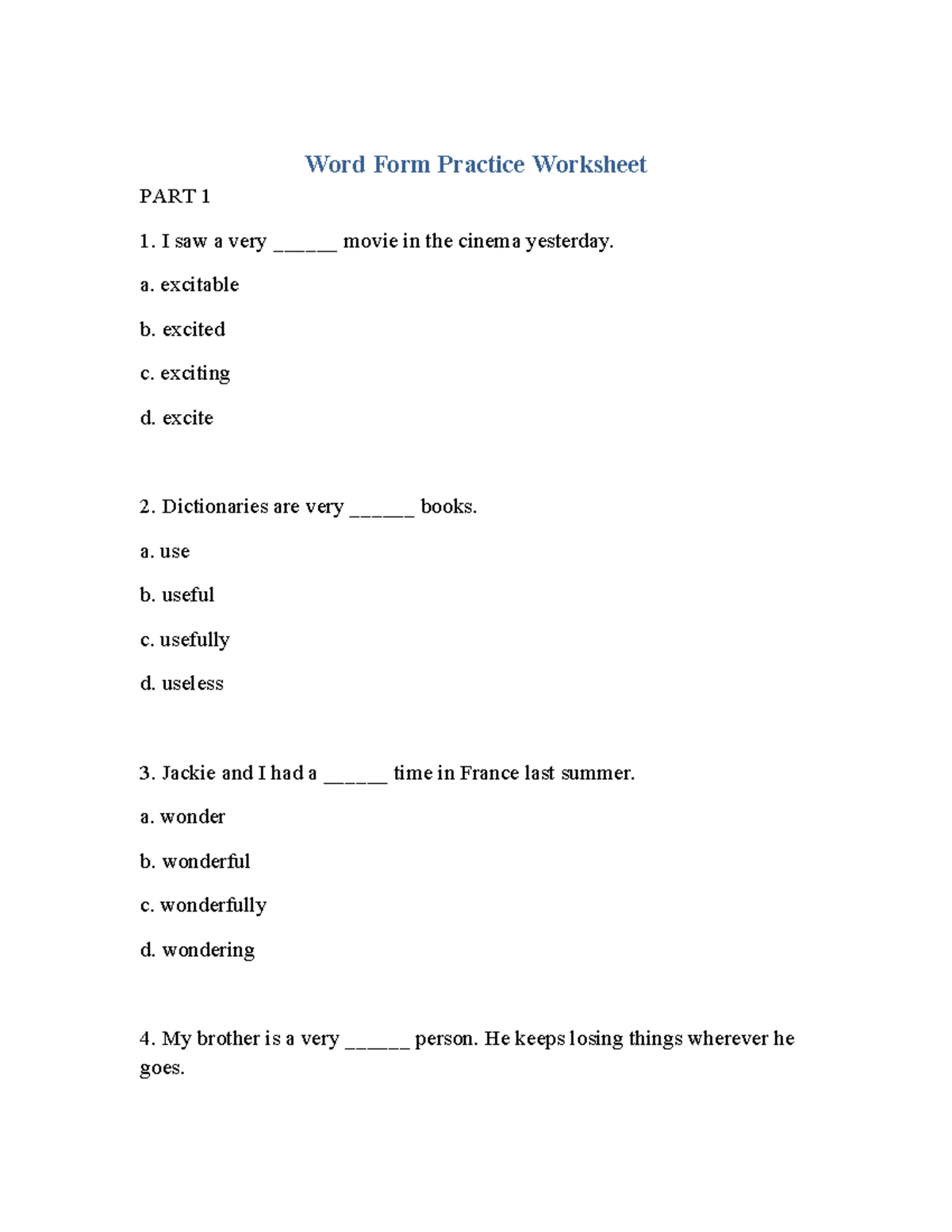Word Form Practice Worksheet - Exercises and Examples - Studocu
