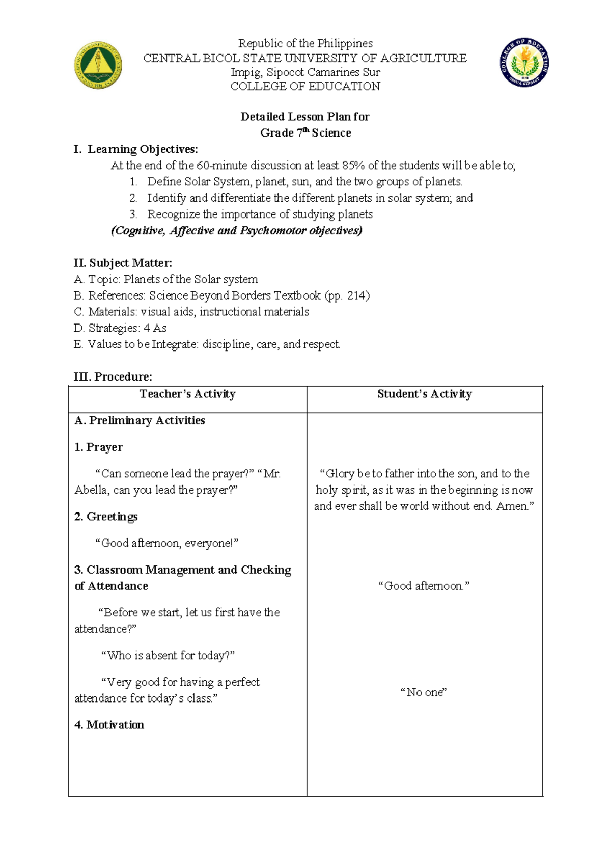 DLP-Science Grade 7: Lesson Plan on Solar System & Planets - Studocu
