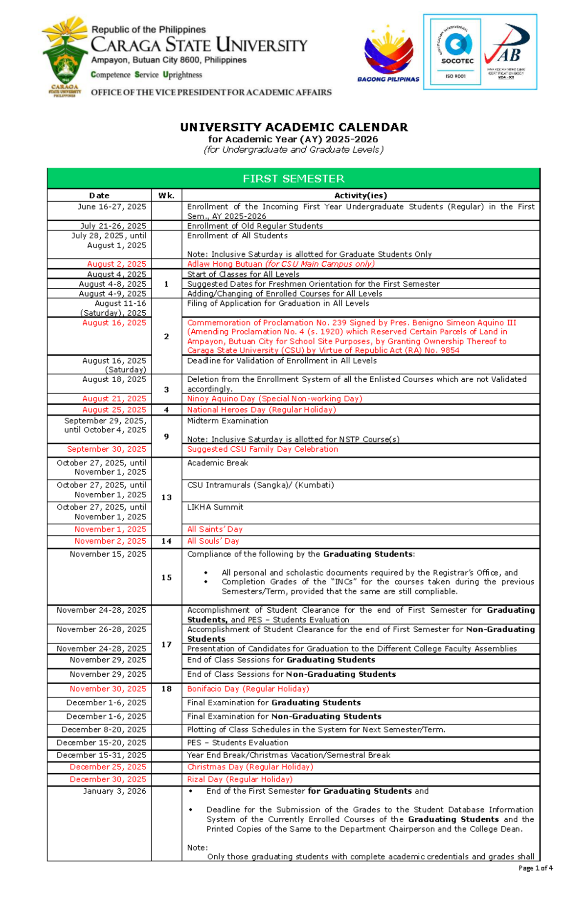 AC-2025-2026: University Academic Calendar for AY Events - Studocu