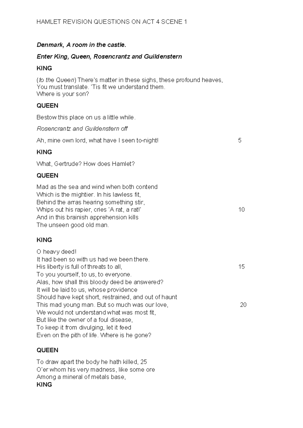 HAMLET (ENG101) REVISION QUESTIONS ON ACT 4, SCENE 1 - Studocu