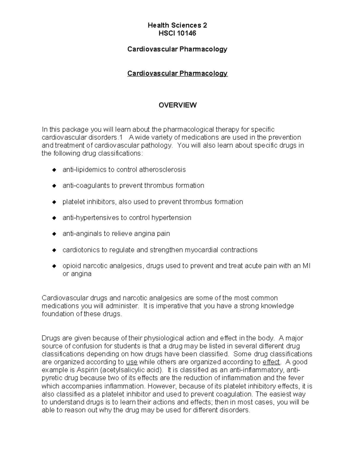 HSCI 10146 Cardiovascular Pharmacology Study Package and Learning Goals ...