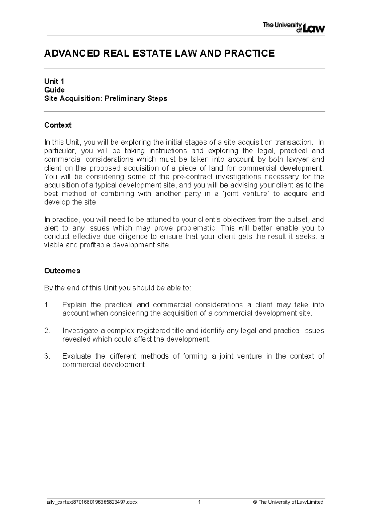 ADVANCED REAL ESTATE LAW AND PRACTICE Unit 1: Site Acquisition Guide ...