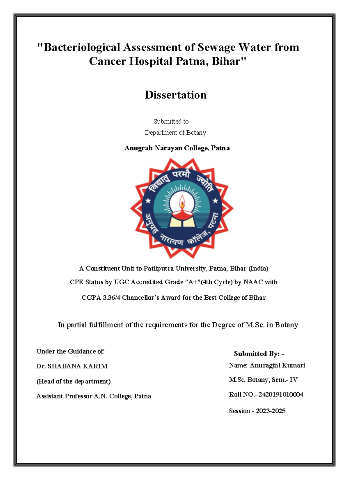 Assessment of Sewage Water from Cancer Hospital Patna: M.Sc. Botany ...