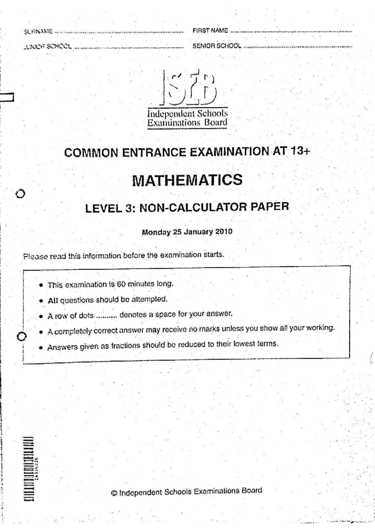 AA ISEB 2010 Common Entrance Mathematics Exam Paper - Studocu