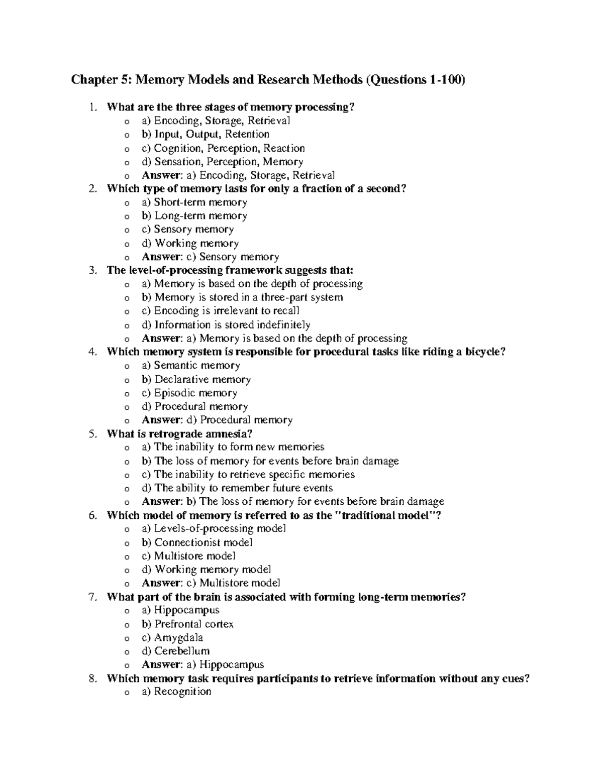 Memory Models and Research Methods Practice Test: Chapter 5 Review ...