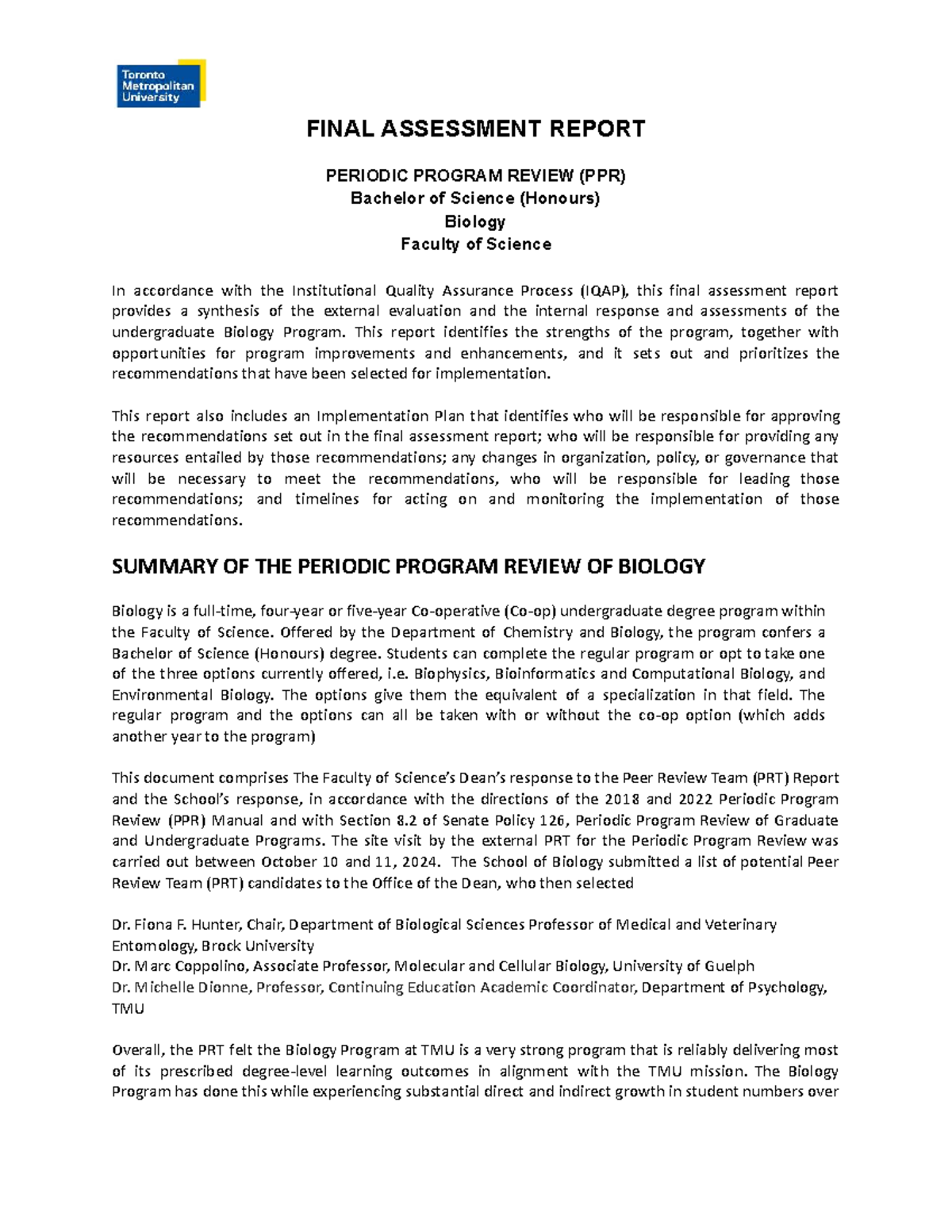 FINAL ASSESSMENT REPORT: PPR for BSc (Hons) Biology 2024-2025 - Studocu