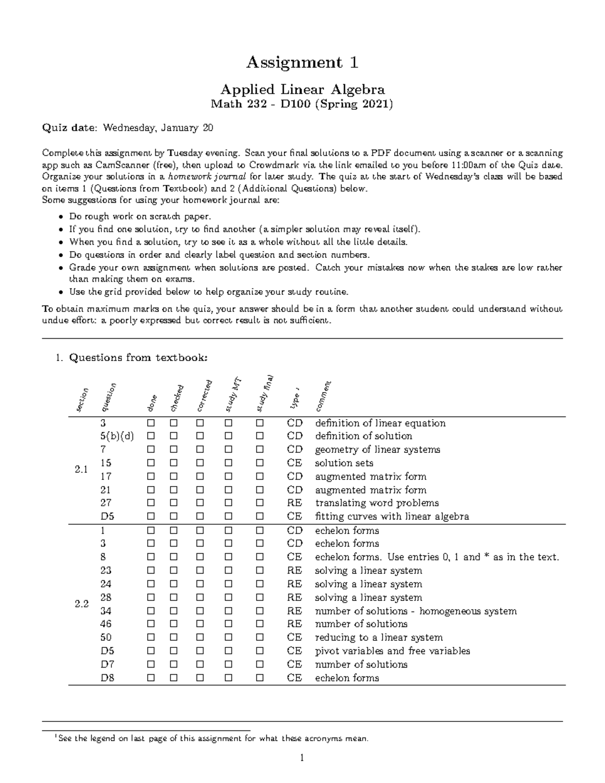 232a1 - Assignment 1 - Assignment 1 Applied Linear Algebra Math 232 ...