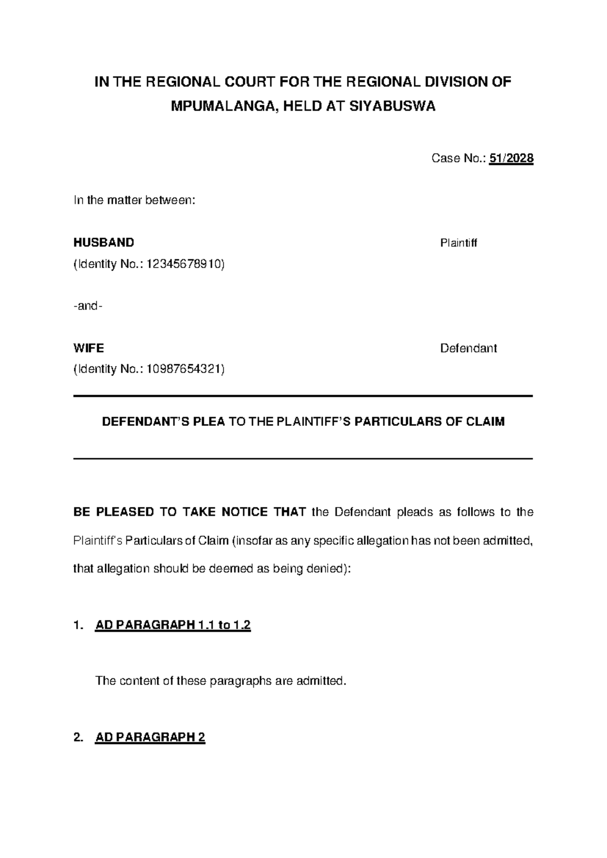 Defendant's Plea and Counterclaim in Divorce Case No. [Case No.] - Studocu