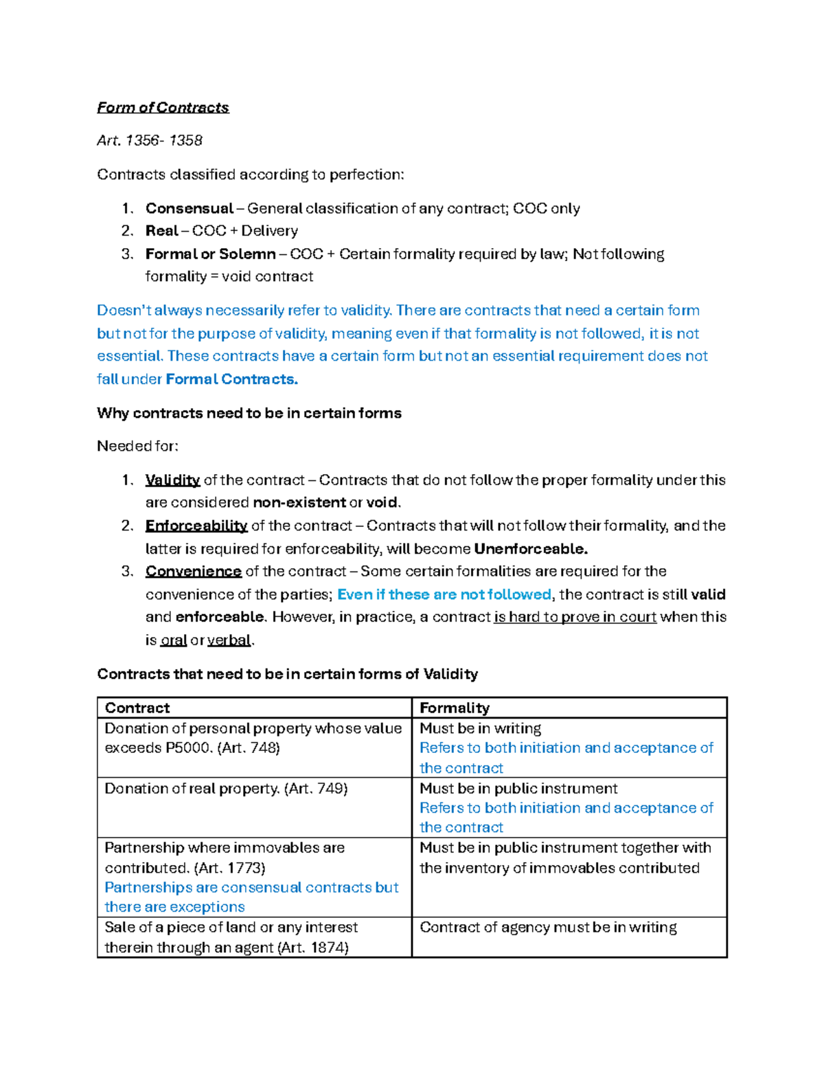 Form of Contracts: Art. 1358 - Classification & Formality Requirements ...